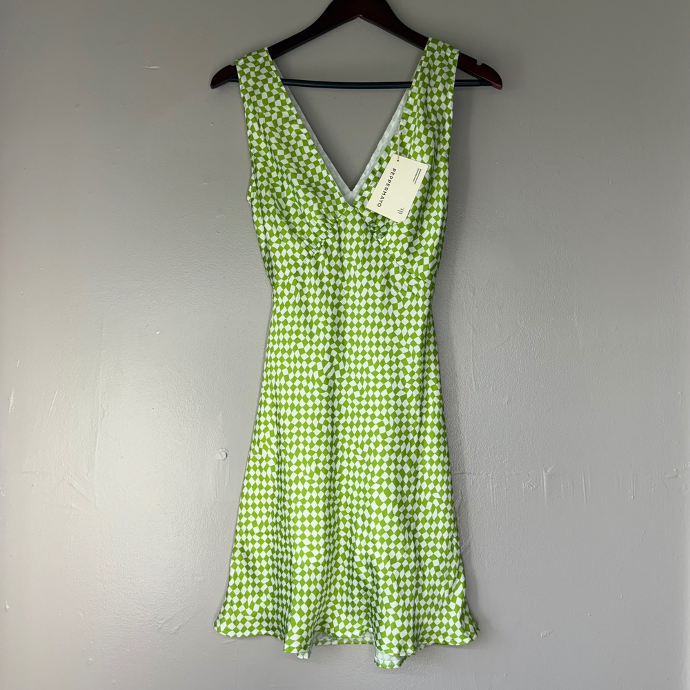 Peppermayo Audrey Vintage Slip Dress Lime Check Warp Mini V-Neck Size US 4 NWT